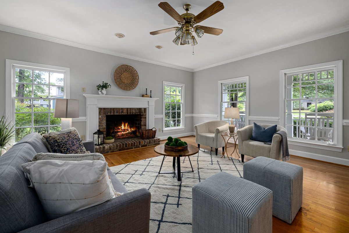 Bright living room with fireplace — listing content for social media